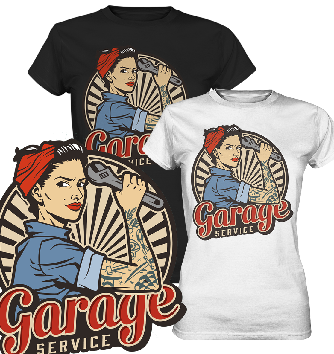 Schwarzes und weißes Shirt mit Aufdruck Garage Service und starker Frau mit Schraubenschlüssel. Links unten im Bild eine vergrößerte Darstellung des Motivs.
