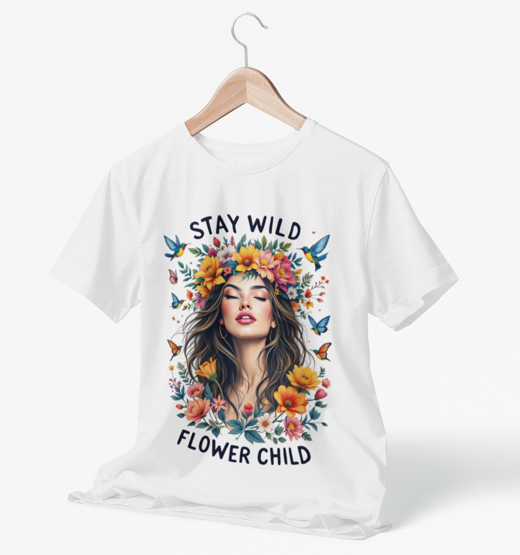 T-Shirt in Weiß mit ‚Stay Wild‘ Schriftzug und floralem Flower Power Boho-Motiv – naturinspiriertes Design, Vorderansicht