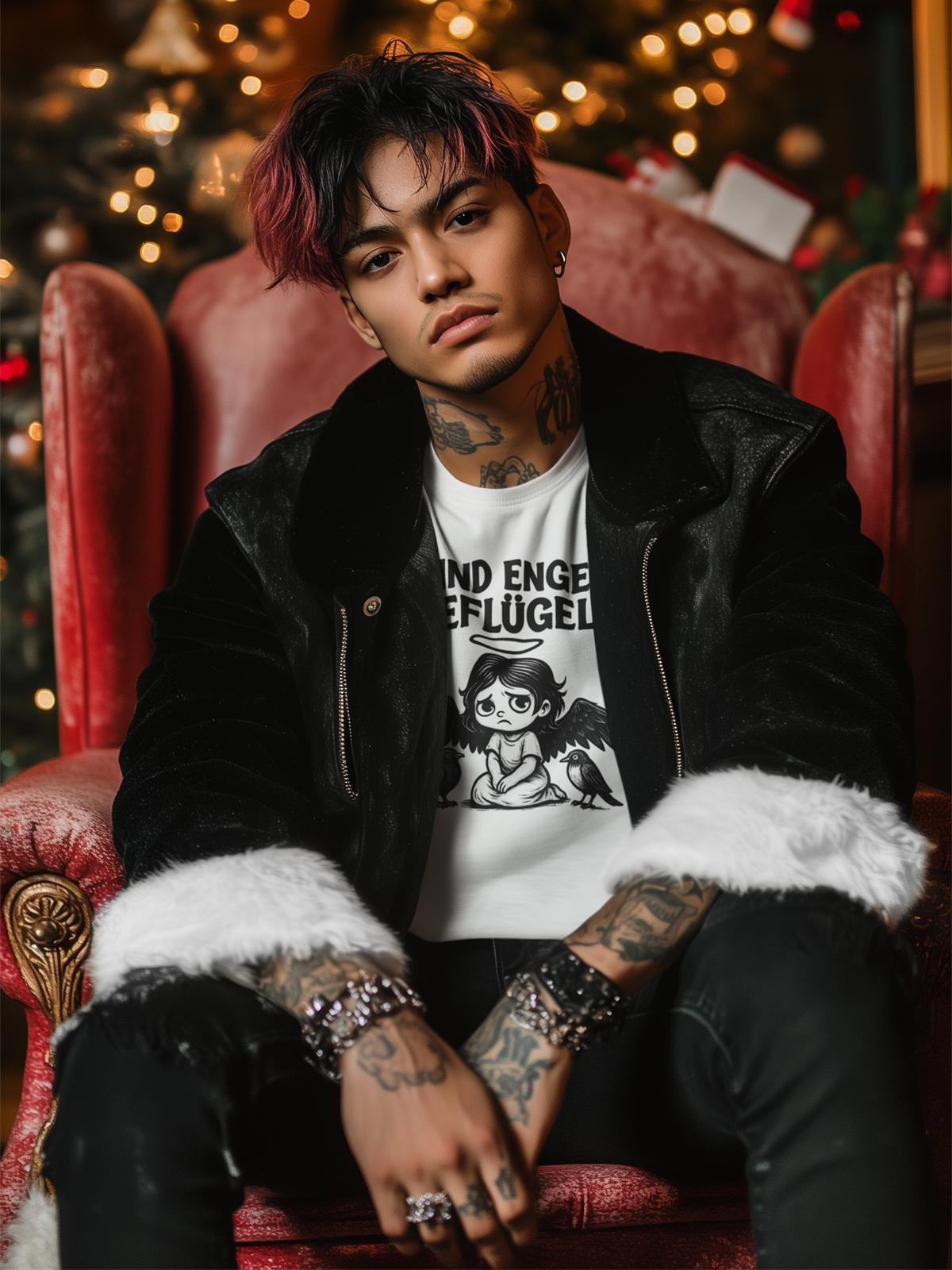 Junger Mann sitzt auf rotem Sessen, mit schwarzen Nikolausmantel. Er trägt ein weißes Shirt mit Engel-Motiv und Aufschrift "Geflügel". Im Hintergrund verschwommen ein Weihnachtsbaum.