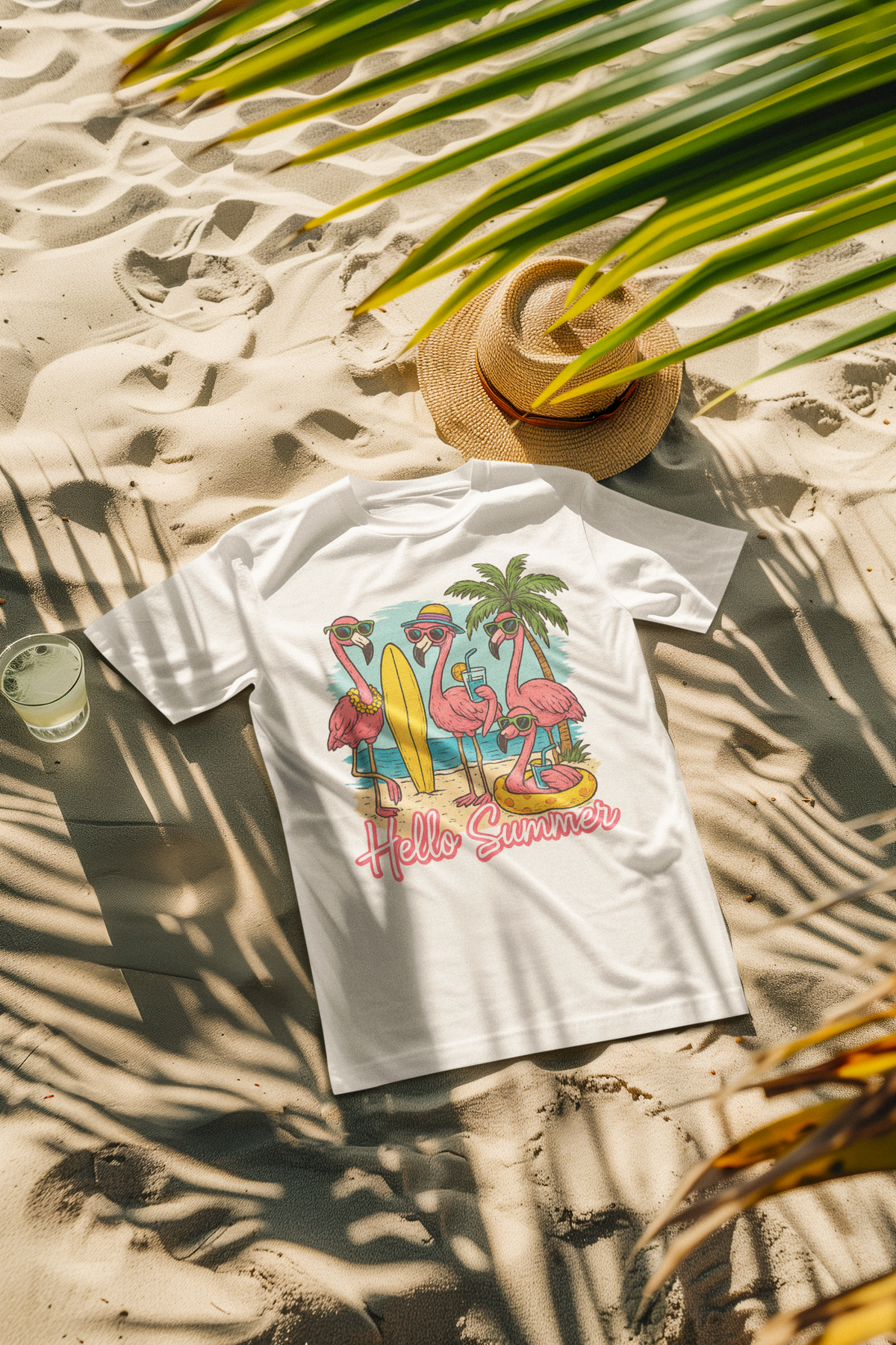 Weißes T-Shirt mit Flamingos und „Hello Summer“-Print liegt im Sand am Strand, sommerlich inszeniert