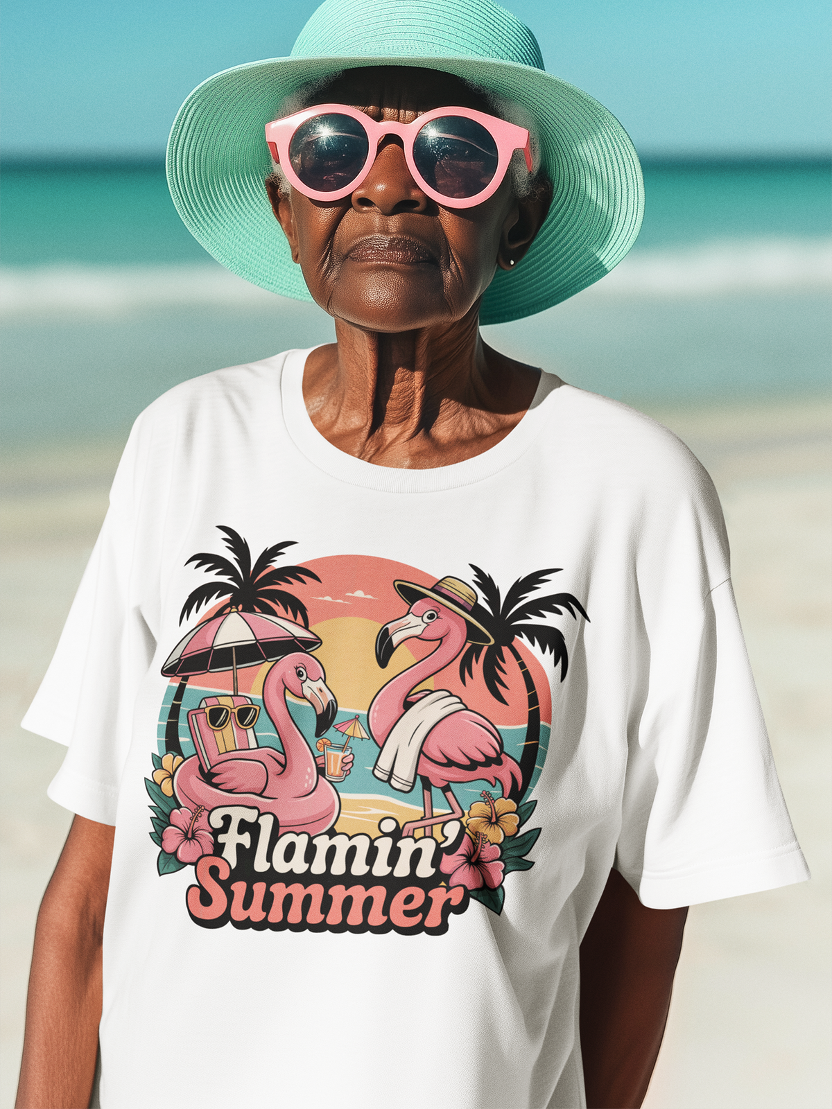 Dunkelhäutige ältere Frau mit mintfarbenen Sonnenhut und rosa Sonnebrille. Sie trägt ein weißes T-Shirt mit dem Motiv „Flamin’ Summer“ und mehreren Flamingos am Strand im Retro-Stil