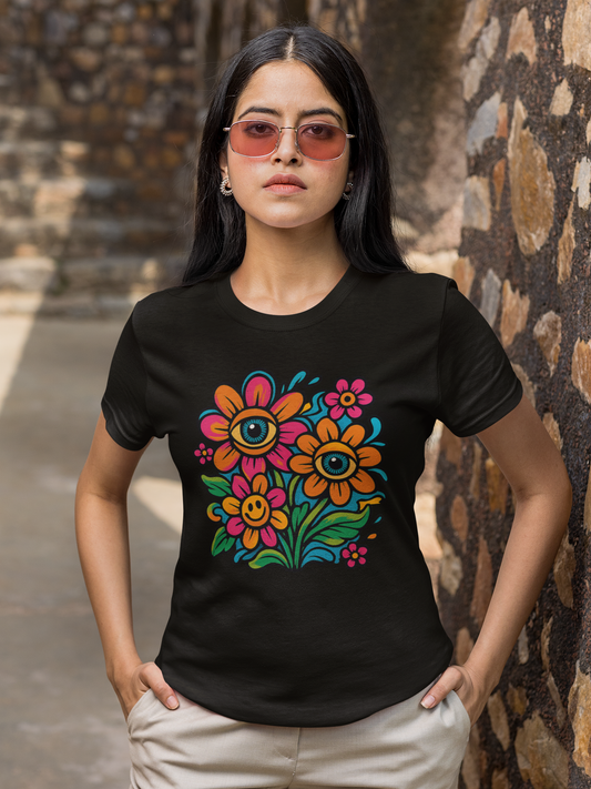 Junge Frau mit Sonnenbrille, sie trägt schwarzes Shirt mit Blumenauge (Oberkörperaufnahme)