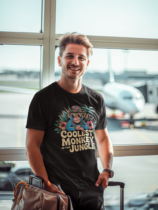 Junger Mann am Flughafen, er trägt Shirt mit coolem Affe und Spruch (Oberkörper)