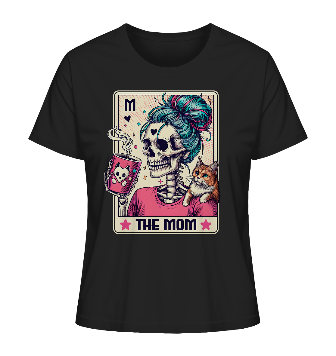 Schwarzes T-Shirt mit Tarotkarten-Motiv: Skeleton Momster mit Kaffeebecher und Katze
