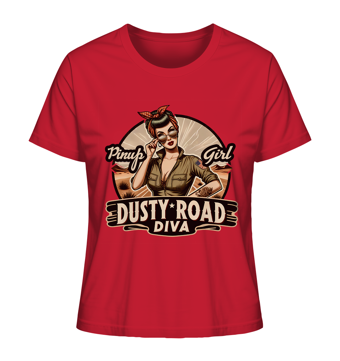 Rotes T-Shirt mit Rockabilly Motiv: Dusty Road Diva Schriftzug und 50er Jahre Frau.