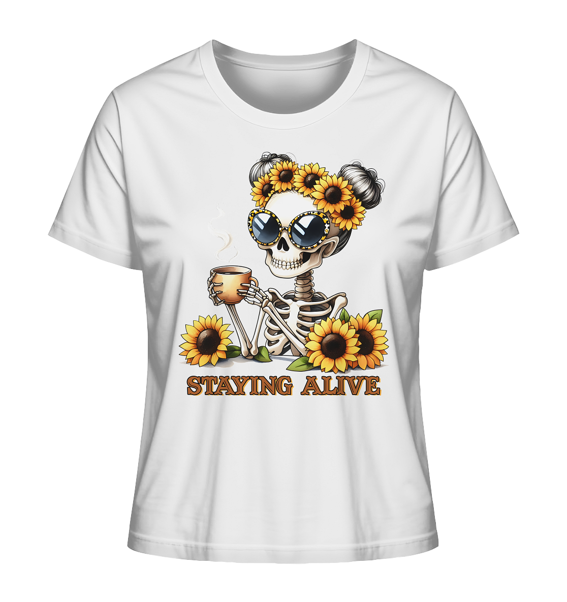 T-Shirt in Weiß mit Skeleton Girl, Sonnenblumenkranz, Sonnenbrille, Kaffeetasse und dem Spruch „Staying Alive“