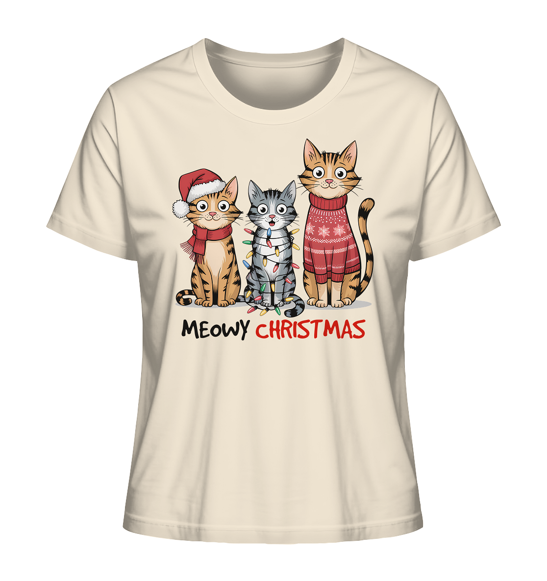 Beiges Shirt mit 3 Katzen und Schriftzug "Meowy Christmas"