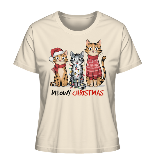 Beiges Shirt mit 3 Katzen und Schriftzug "Meowy Christmas"
