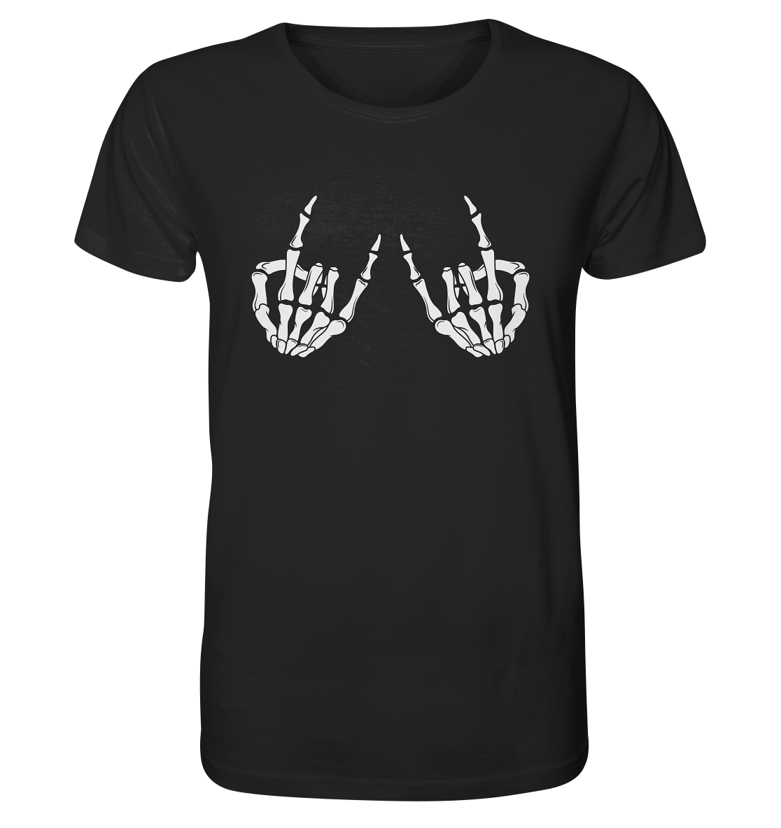 Zwei Skeletthände auf schwarzem T-Shirt, die die Metal-Geste zeigen