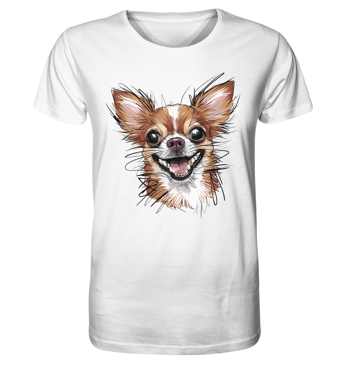 Weißes T-Shirt mit Chihuahua-Motiv – realistisch gezeichnet.