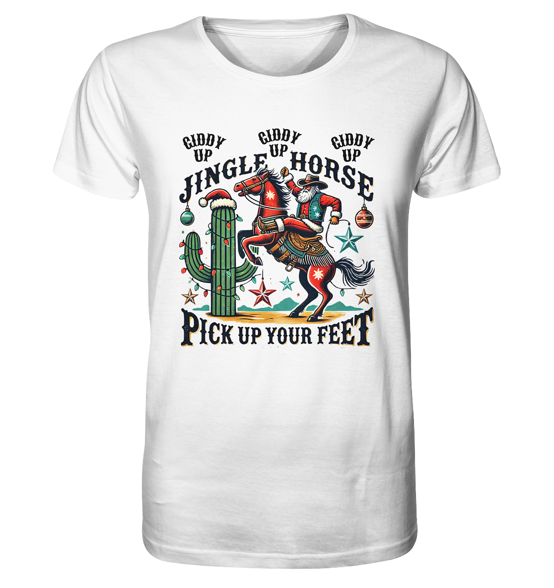 Weißes T-Shirt mit Cowboy-Weihnachtsmann auf steigendem Pferd und geschmücktem Kaktus