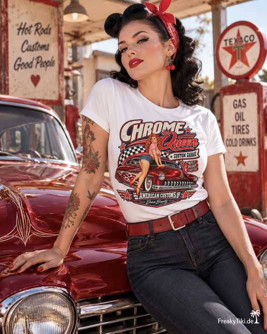 Chrome Queen – Retro Rockabilly Pin-up Ladies T-Shirt weiß am Model