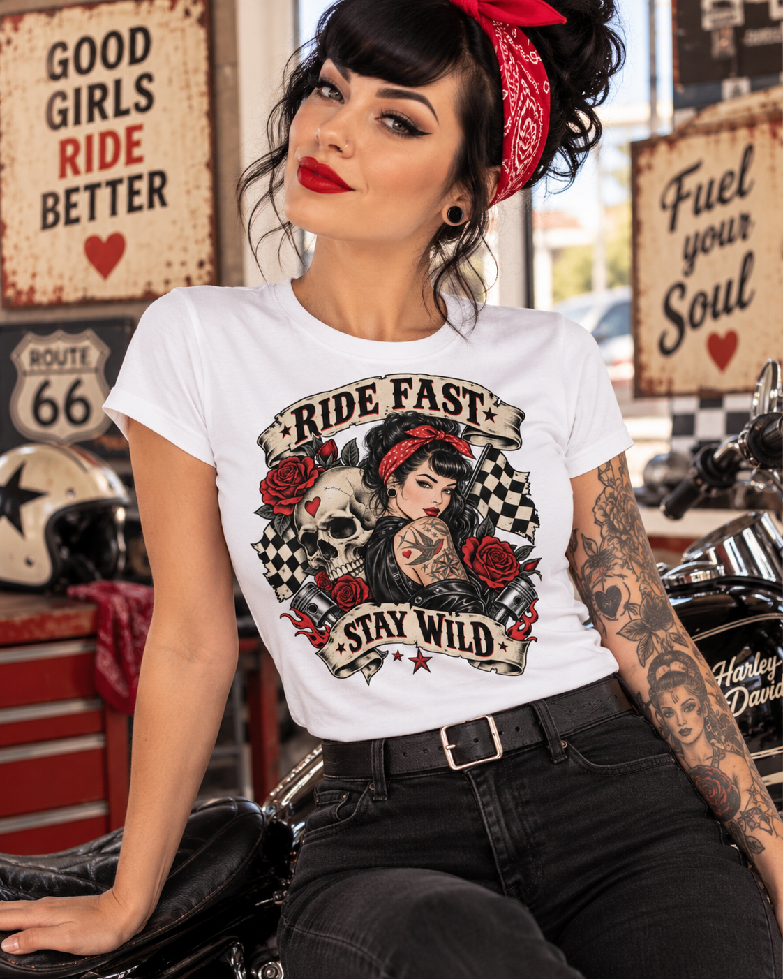 Ride Fast, Stay Wild – Tattoo Rockabilly Lady Ladies T-Shirt weiß Lifestyle Bild 2