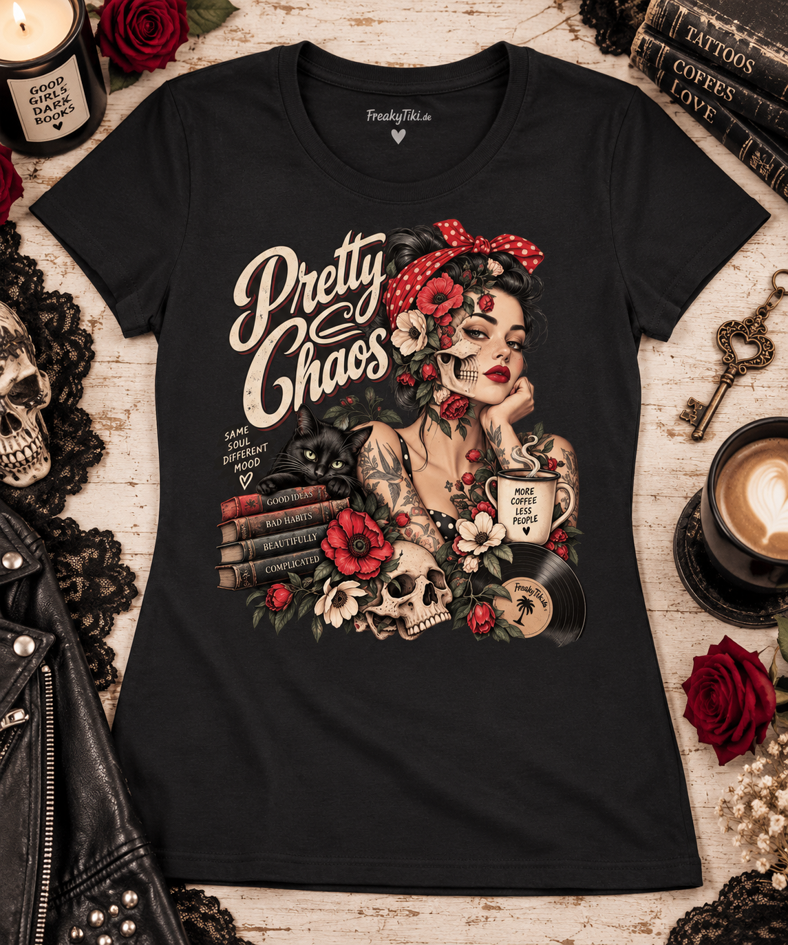 Pretty Chaos – Tattoo Gothic Rockabilly Ladies T-Shirt schwarz Lifestyle Bild 2