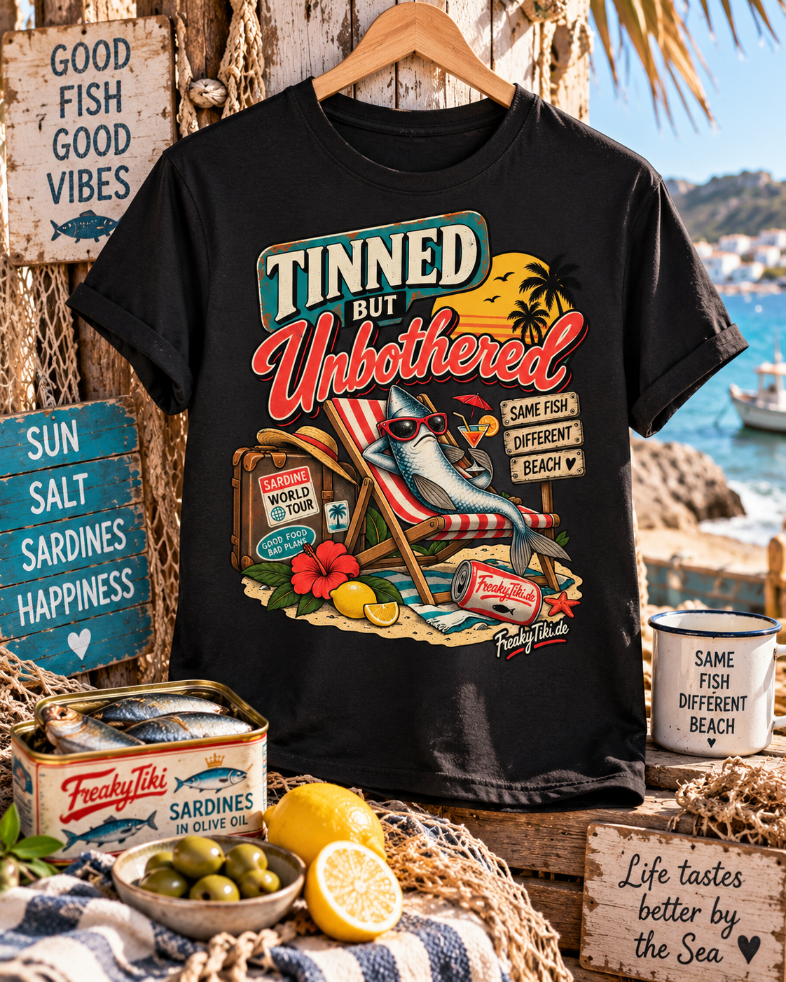Tinned but Unbothered – Sardines, Tinned Fish T-Shirt schwarz Lifestyle Bild 2