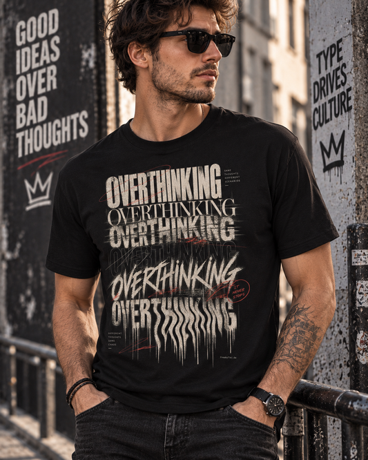 Overthinking No Filter Typografie-Motiv auf schwarzem T-Shirt