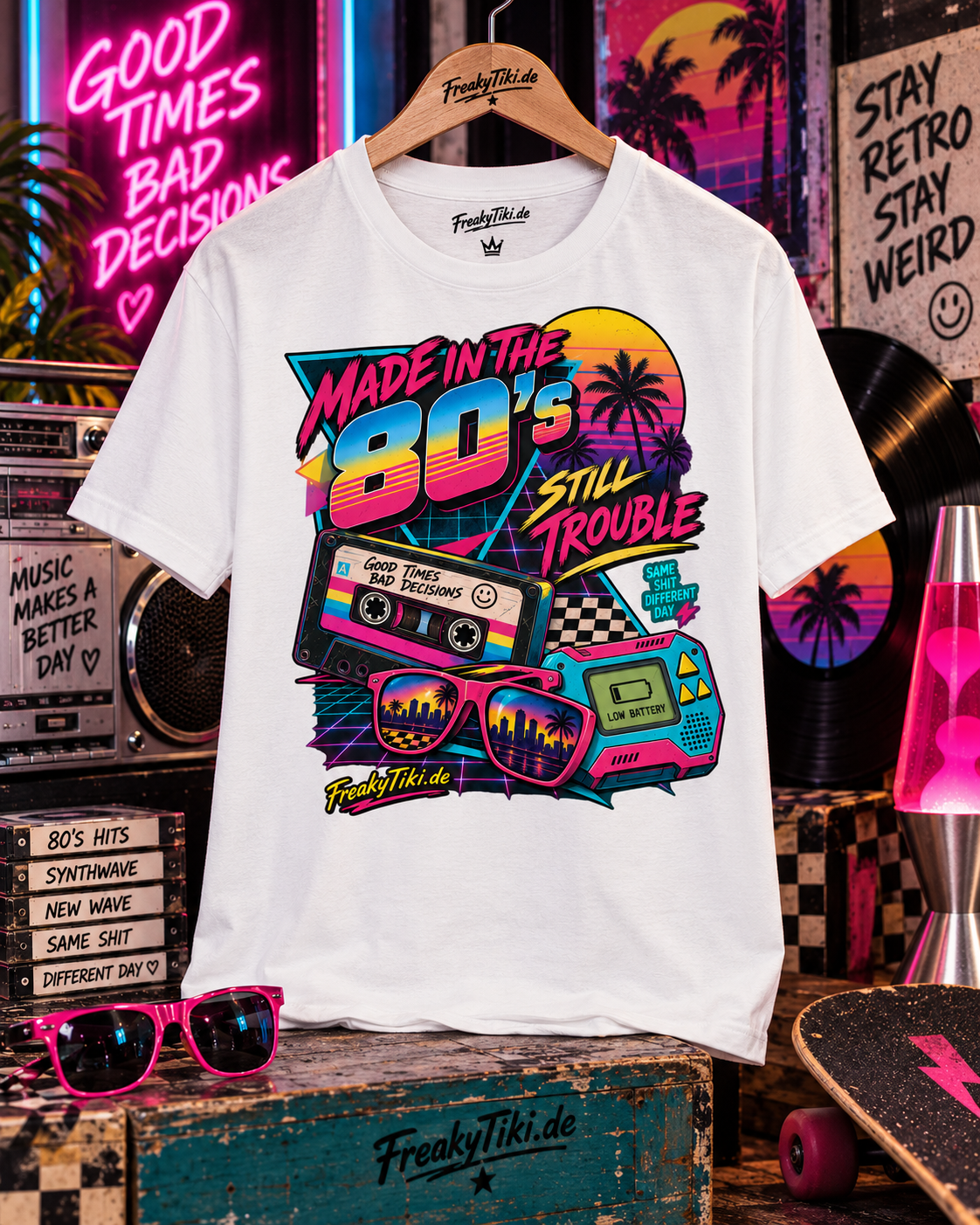 Weißes T-Shirt ohne Model mit Kassette, Sonnenbrille und Ghettoblaster mit Made in the 80s Still Trouble