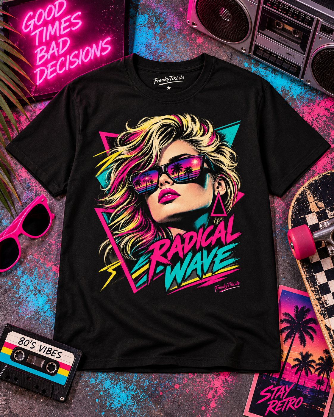 Schwarzes T-Shirt ohne Model mit Retro-Frauenporträt mit Sonnenbrille und Neonformen mit Radical Wave