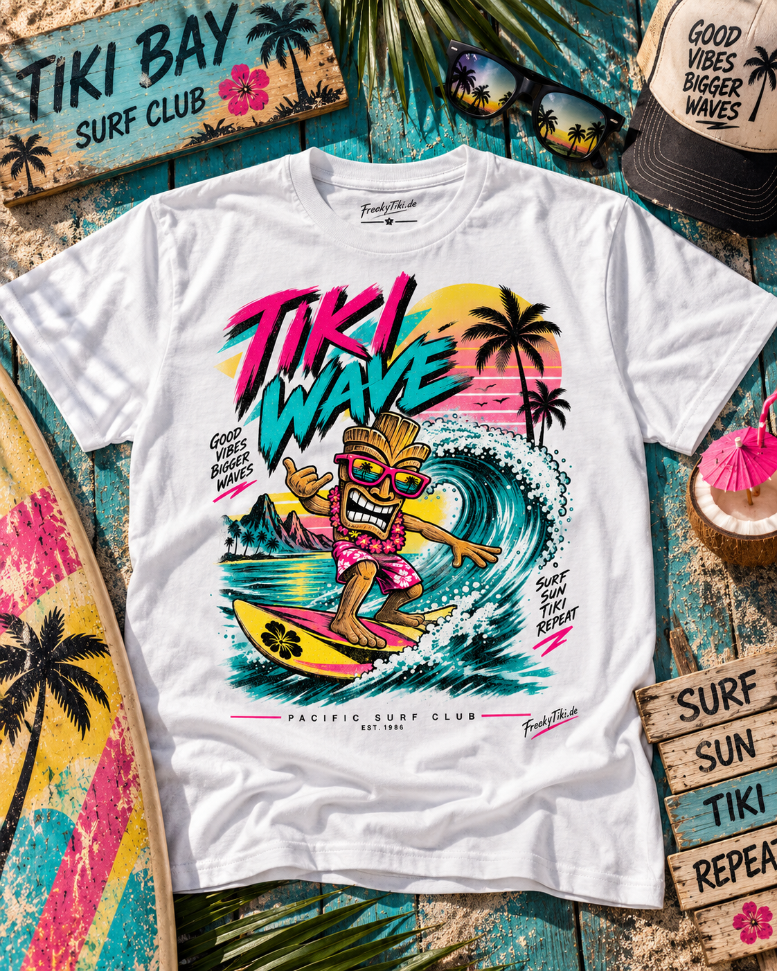 Weißes T-Shirt ohne Model mit Surfender Tiki, türkisfarbene Welle und Palmen mit Tiki Wave
