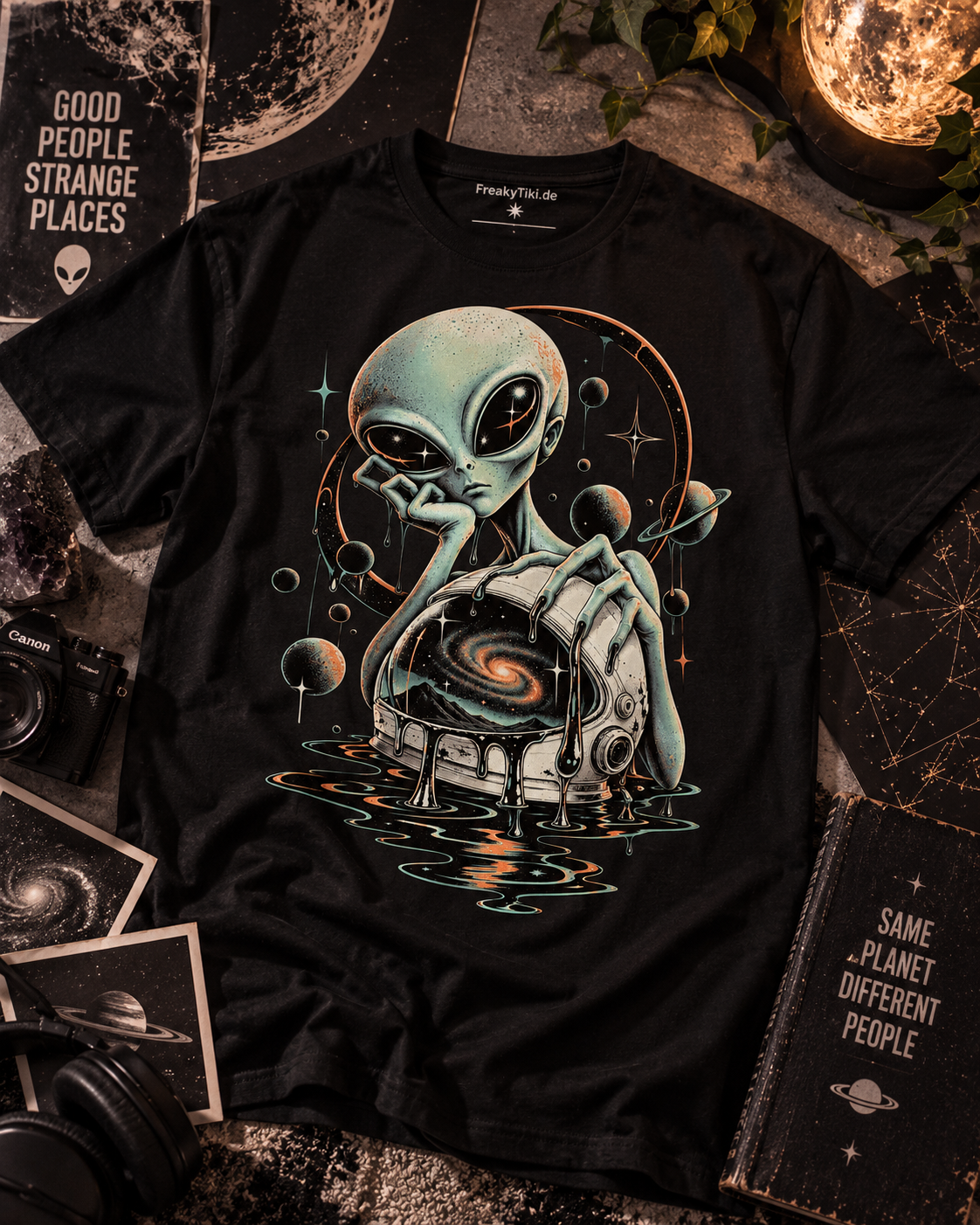 Schwarzes T-Shirt ohne Model mit Gelangweilter Alien mit geöffnetem Helm, kosmischem Wirbel und Planeten