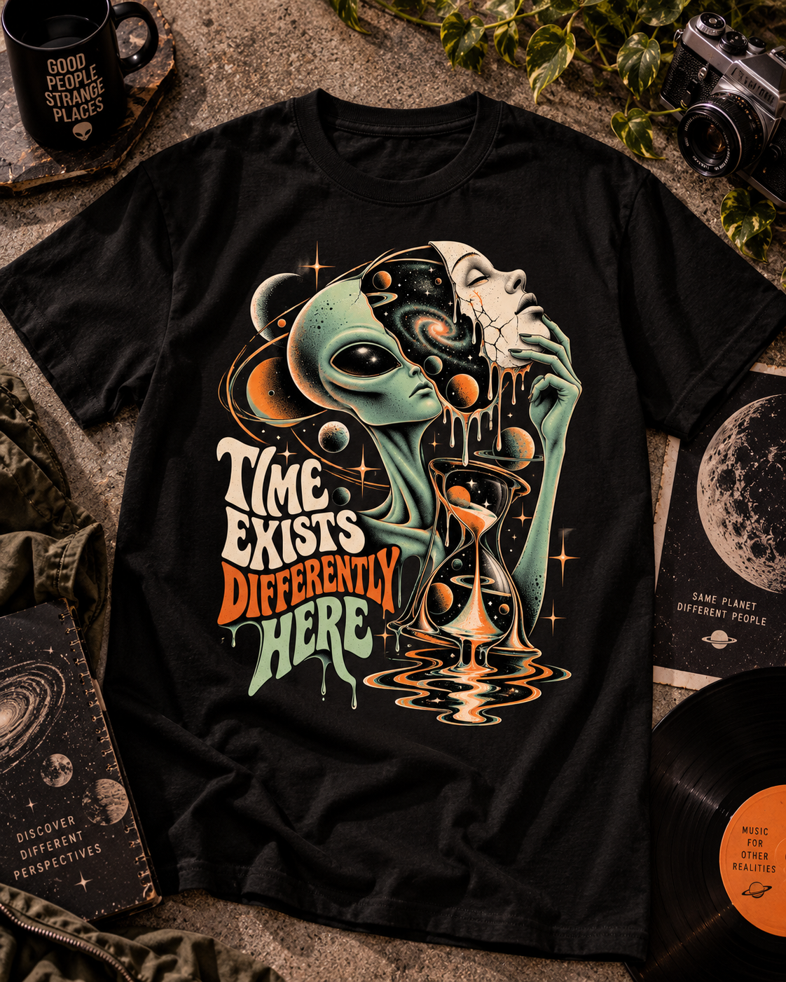 Schwarzes T-Shirt ohne Model mit Alien, menschliches Gesicht und Sanduhr mit Time Exists Differently Here