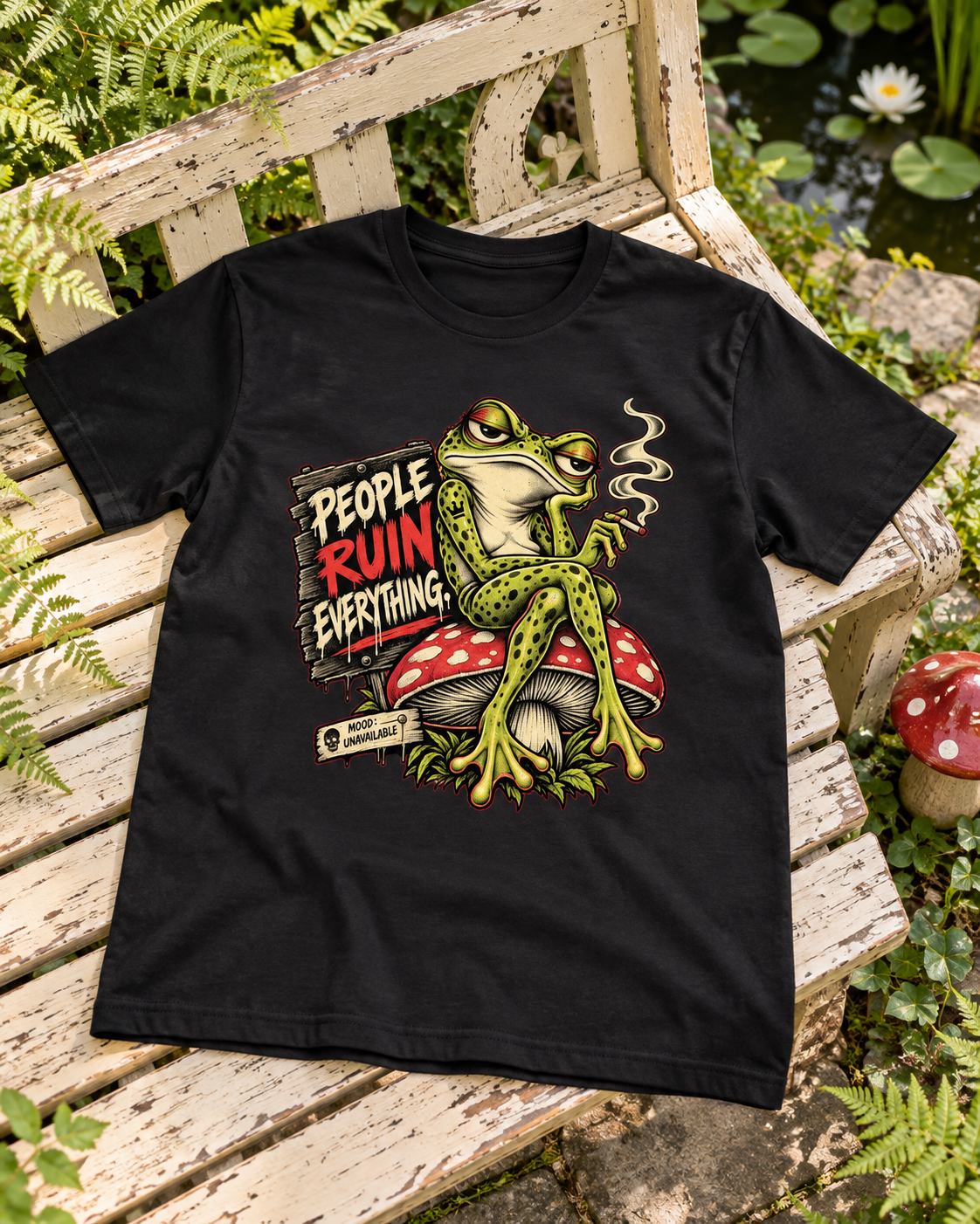 People Ruin Everything Frosch T-Shirt auf einer weißen Gartenbank neben einem Teich