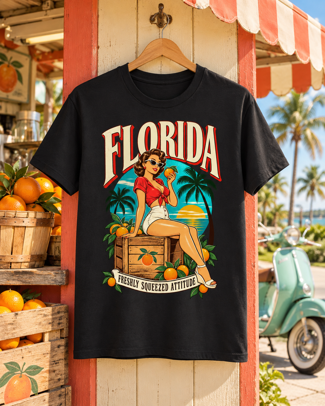 Florida Freshly Squeezed Attitude T-Shirt am Holzbügel neben Orangen und einem Motorroller