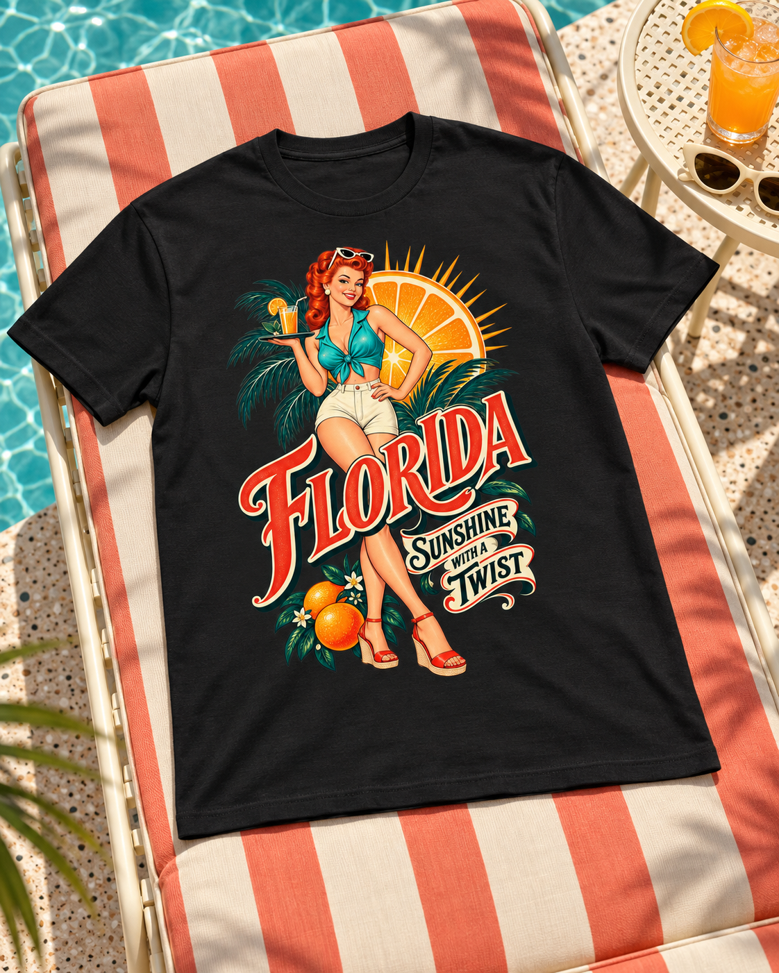 Florida Sunshine with a Twist Pin-up T-Shirt auf einer gestreiften Liege am Pool
