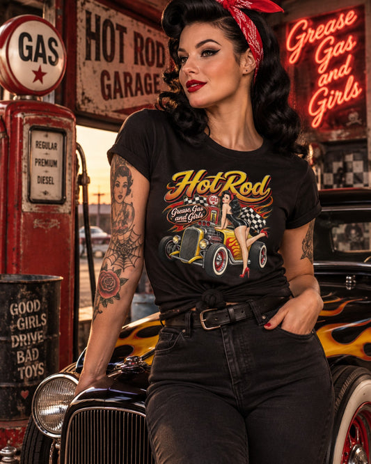 Hot Rod Grease Gas and Girls Rockabilly Pin-up T-Shirt schwarz Damen