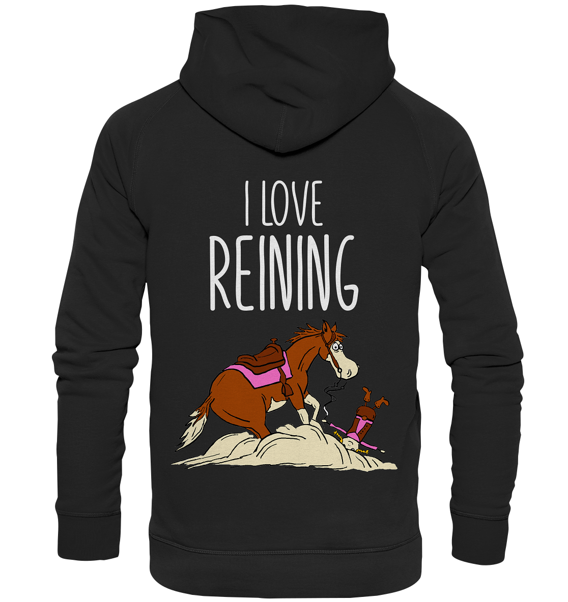 Schwarzer Hoodie mit Quarter Horse im Sliding Stop und gestürztem Reiter Schriftzug I Love Reining