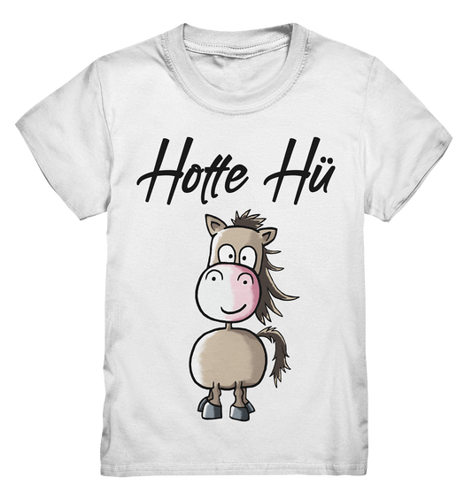 Weißes Kids Shirt mit kleinem braunen Pferd und Schriftzug Hotte Hü