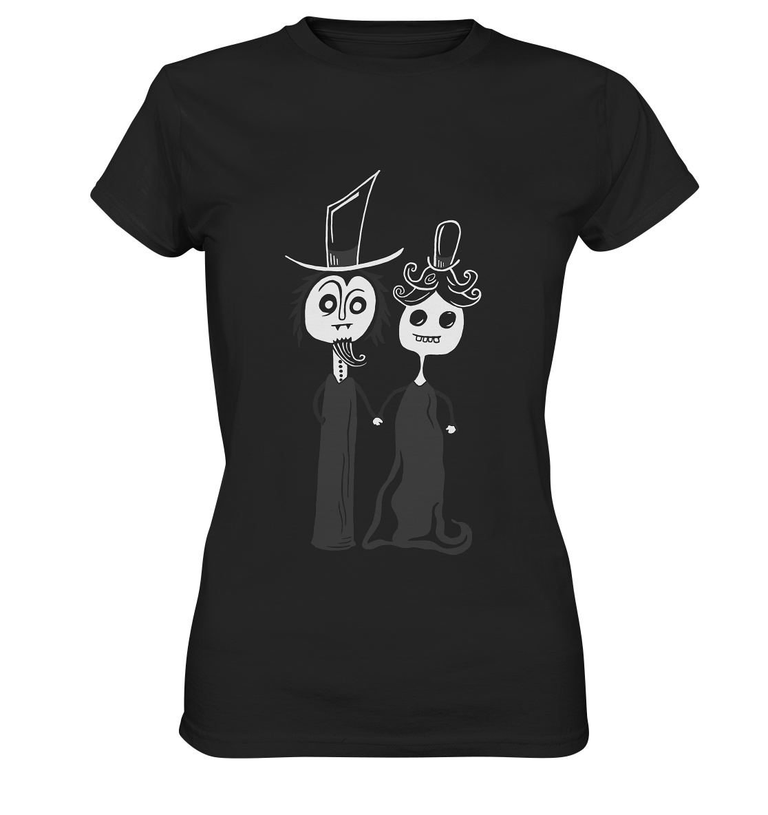 Schwarzes Ladies T-Shirt mit weißem Motiv eines Gothic-Pärchens