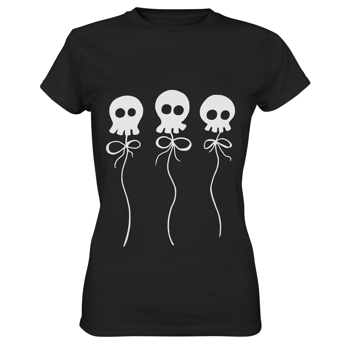 Schwarzes Ladies T-Shirt mit drei kleinen weißen Schädeln, die wie Ballons an Schnüren hängen