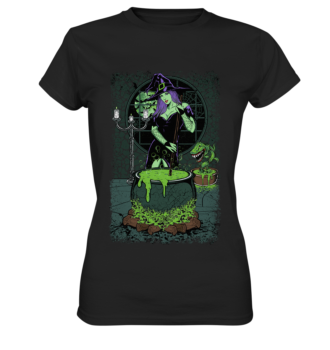 Ladies T-Shirt mit Hexenmotiv „Witch Cooking“, Hexe am Kessel, Halloween Design, leicht taillierter Schnitt.