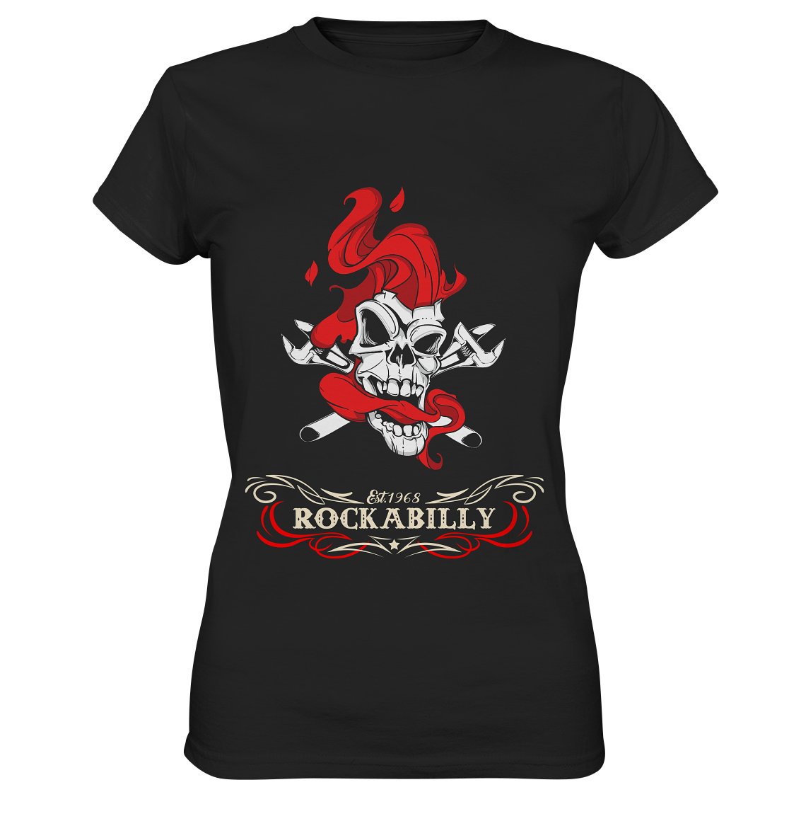 Schwarzes Ladies T-Shirt mit weiß-rotem Frontdruck: Smoking Skull mit roter Haartolle, rotem Rauch und „Rockabilly“-Schriftzug