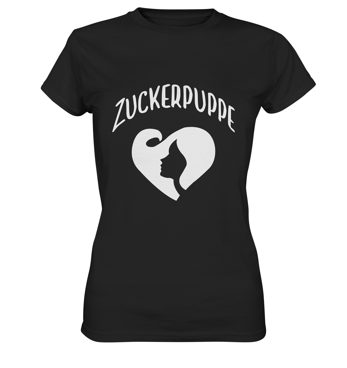 Schwarzes T-Shirt mit weißem Schriftzug „Zuckerpuppe“ und stilisiertem Frauengesicht auf der Vorderseite