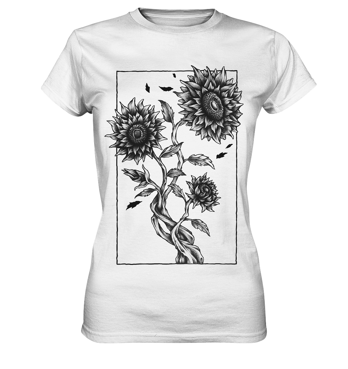 Weißes Ladies T-Shirt mit großem, schwarz-weißem Sonnenblumenmotiv auf der Vorderseite