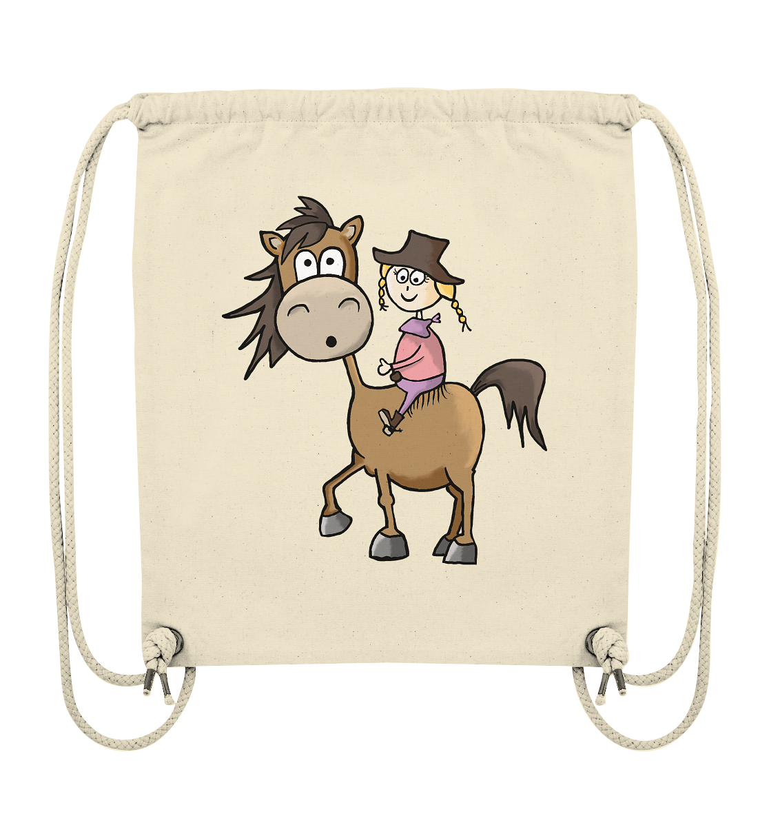 Naturfarbener Turnbeutel mit Mädchen auf Quarter Horse Motiv