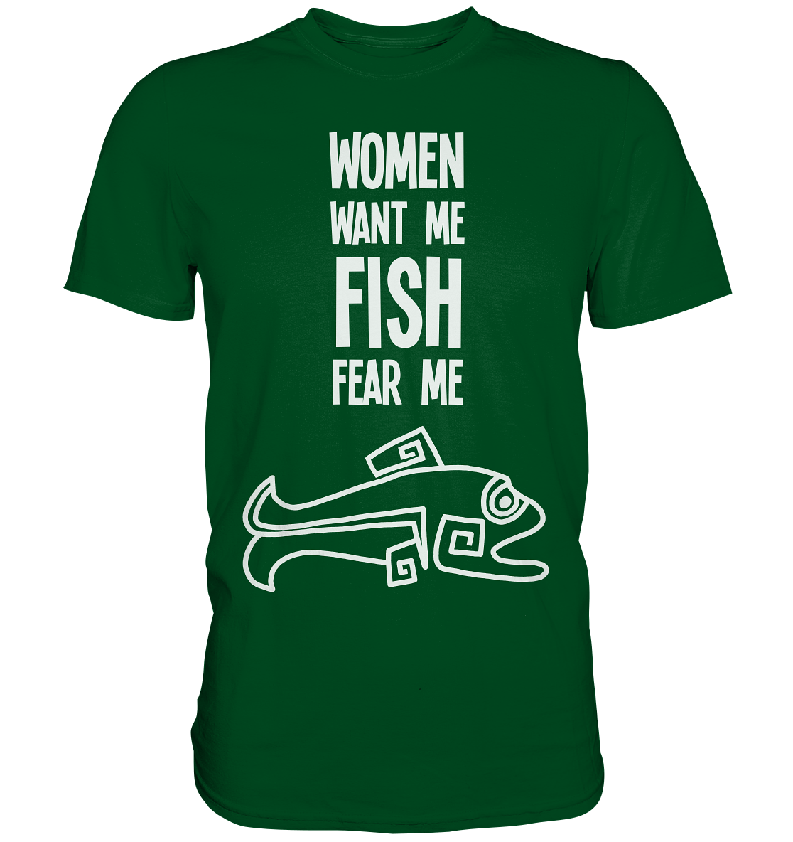 Schwarzes Shirt mit Spruch „Women want me. Fish fear me.“ und Hechtmotiv, witziges Anglerdesign.