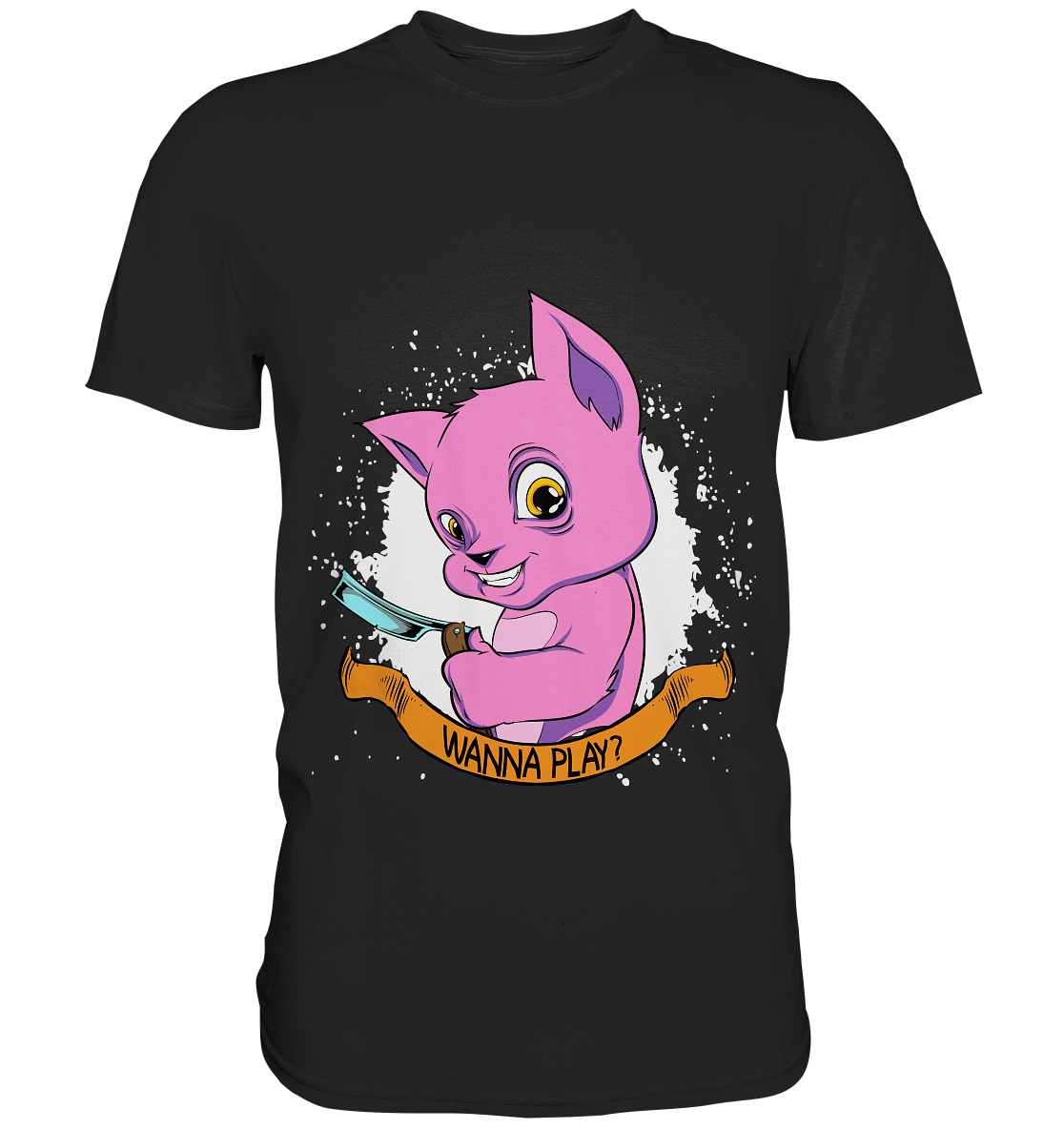 Schwarzes T-Shirt mit pinker Katze, die ein Messer hält – frech grinsend und provokant.