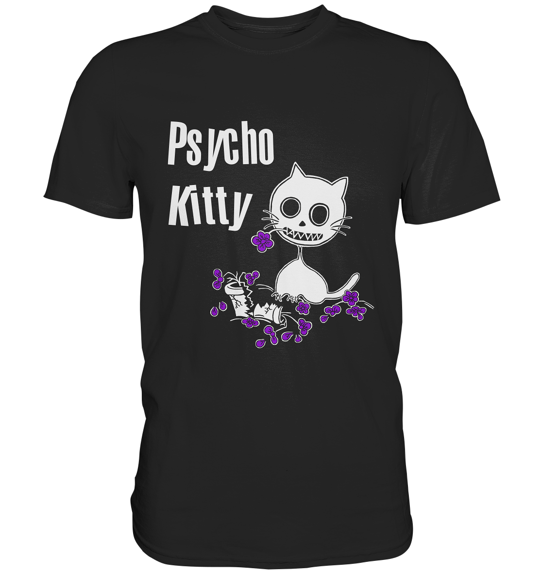 Schwarzes Shirt mit verrückter Gothic-Katze und zerfetzten lila Blüten Schriftzug Psycho Kitty