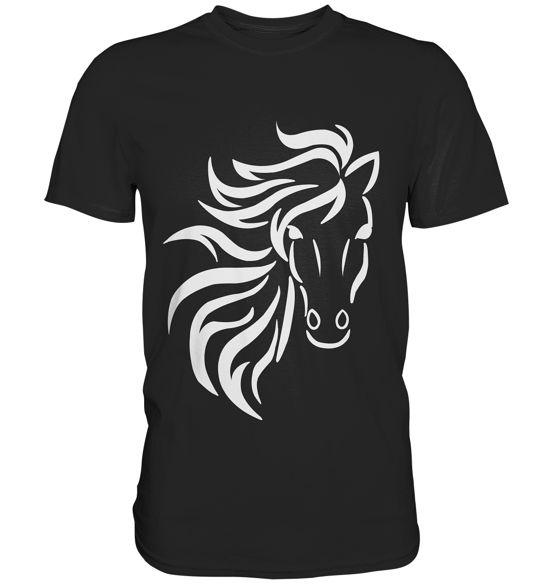 Schwarzes Shirt mit weißem Motiv: galoppierendes, wildes Pferd mit wehender Mähne in Schwarz-Weiß.