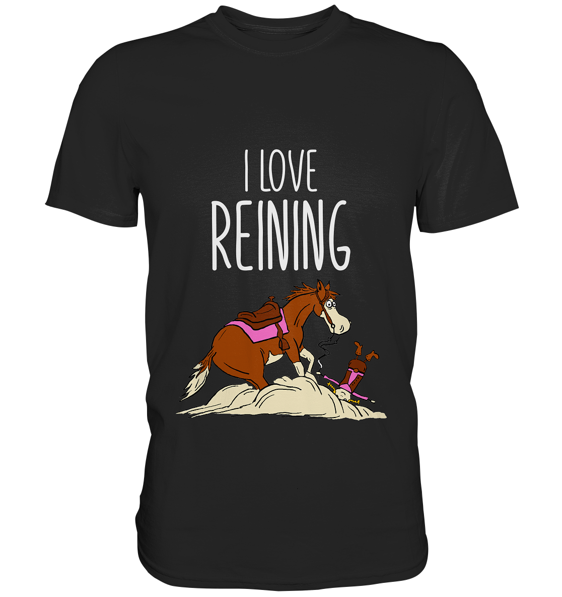 Schwarzes Shirt mit Quarter Horse im Sliding Stop und gestürztem Reiter Schriftzug I Love Reining