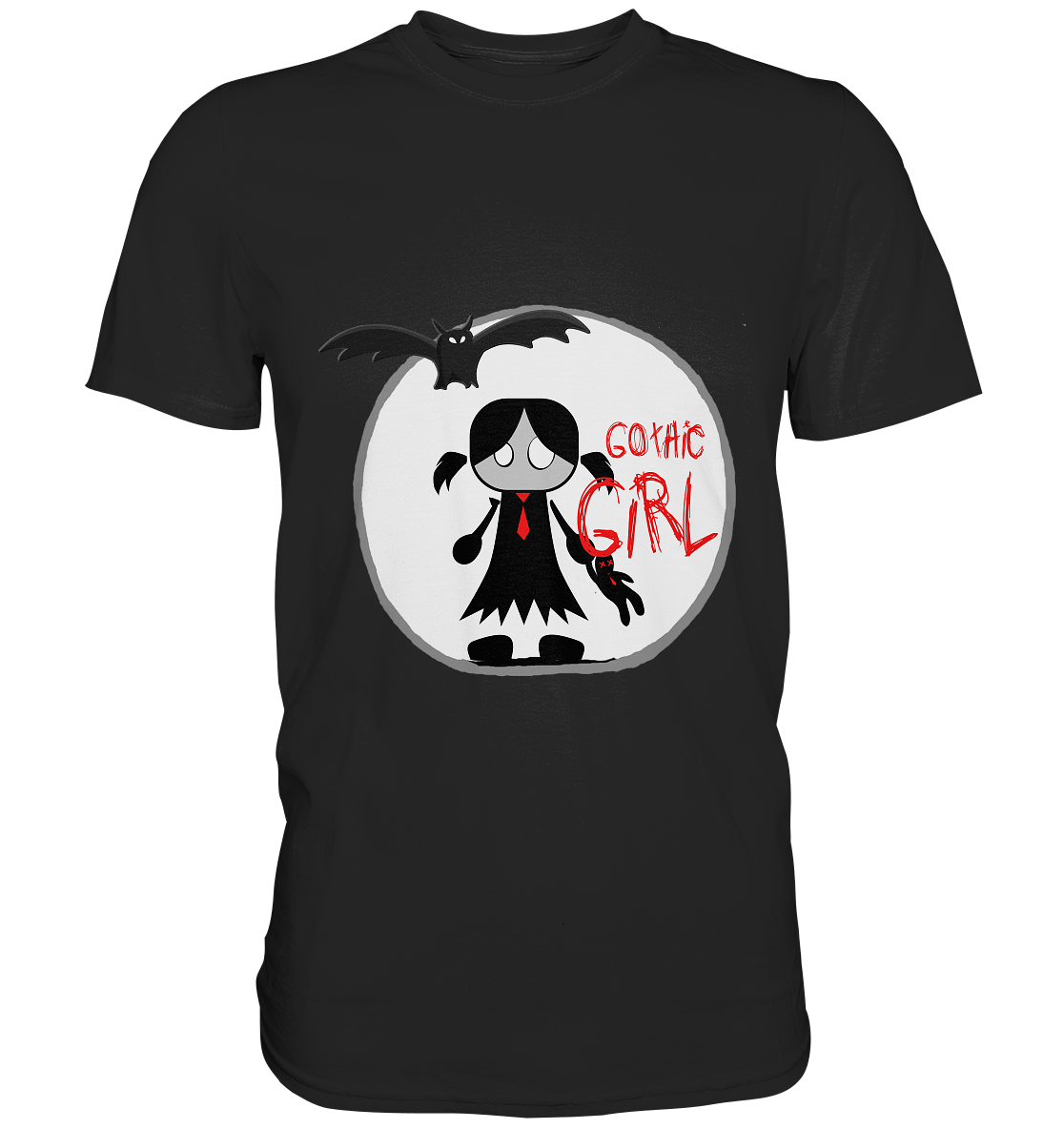 Schwarzes T-Shirt mit süßem Gothic Girl vor einem leuchtenden Vollmond – verträumt, dunkel und stilvoll.
