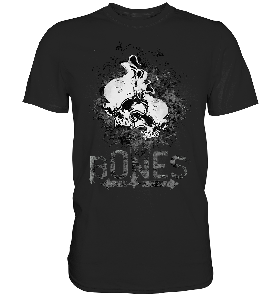 T-Shirt mit Skull und Schriftzug „Bad Bones“, Gothic Stil, düsteres Statement Shirt.