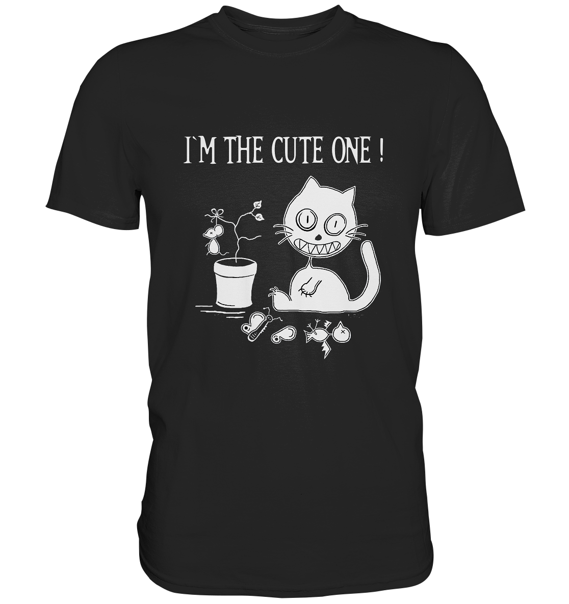 Schwarzes T-Shirt mit frecher Katze vor zerstörtem Blumentopf, Schriftzug „I'm the Cute One“, lustiges Katzenmotiv.