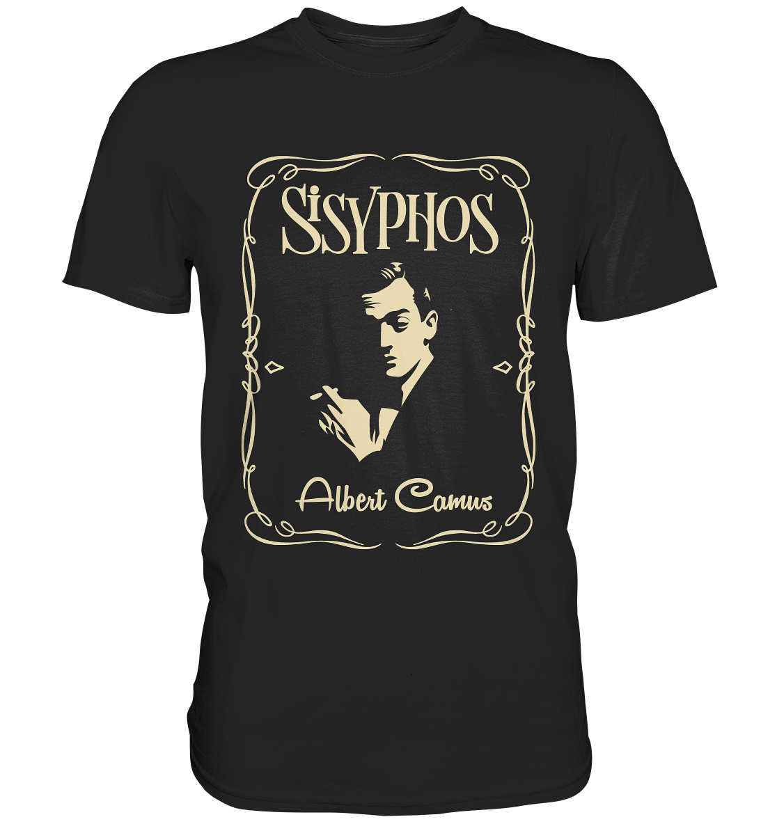 Schwarzes T-Shirt mit sepiafarbenem Porträt von Albert Camus und Schriftzug „Sisyphos“ auf der Vorderseite