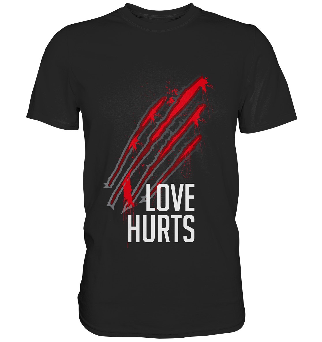 Schwarzes T-Shirt mit blutigen Kratzern und Schriftzug „Love Hurts“ – düsteres Gothic-Motiv im Dark Romance Stil.