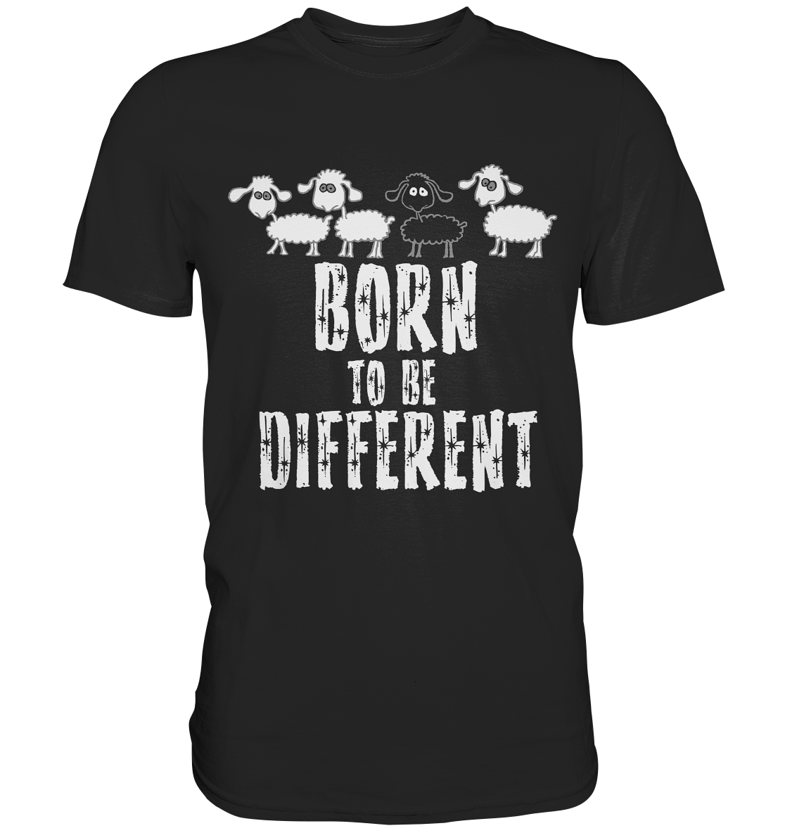 Schwarzes T-Shirt mit Motiv: drei weiße Schafe, ein schwarzes Schaf und Spruch „Born to be different“