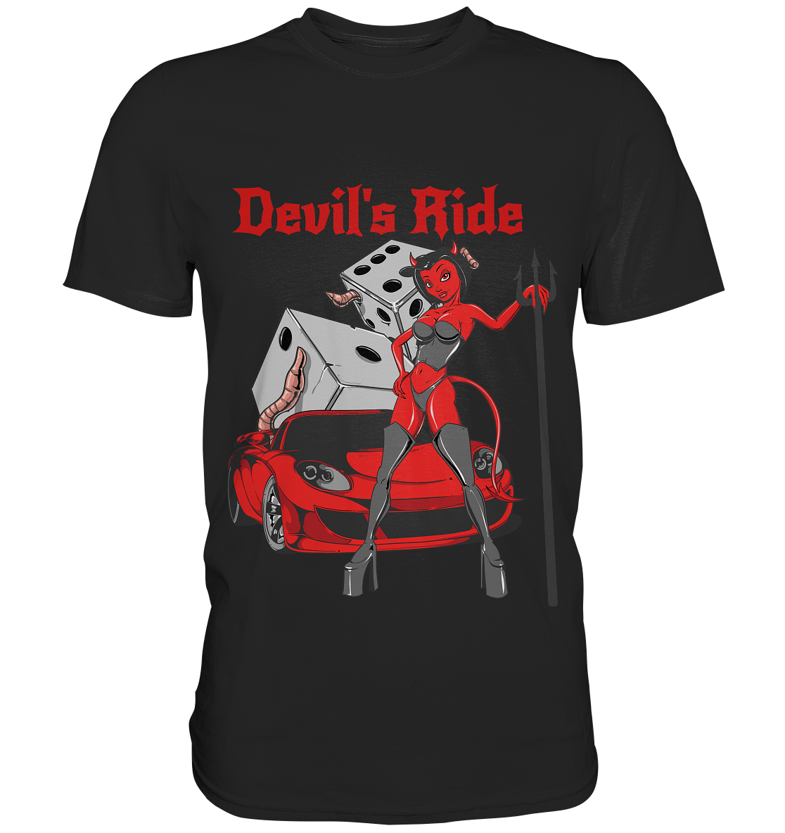 Schwarzes T-Shirt mit Teufelin im Sportwagen, Würfeln und Vintage-Rockabilly-Style, frech und höllisch stylisch.